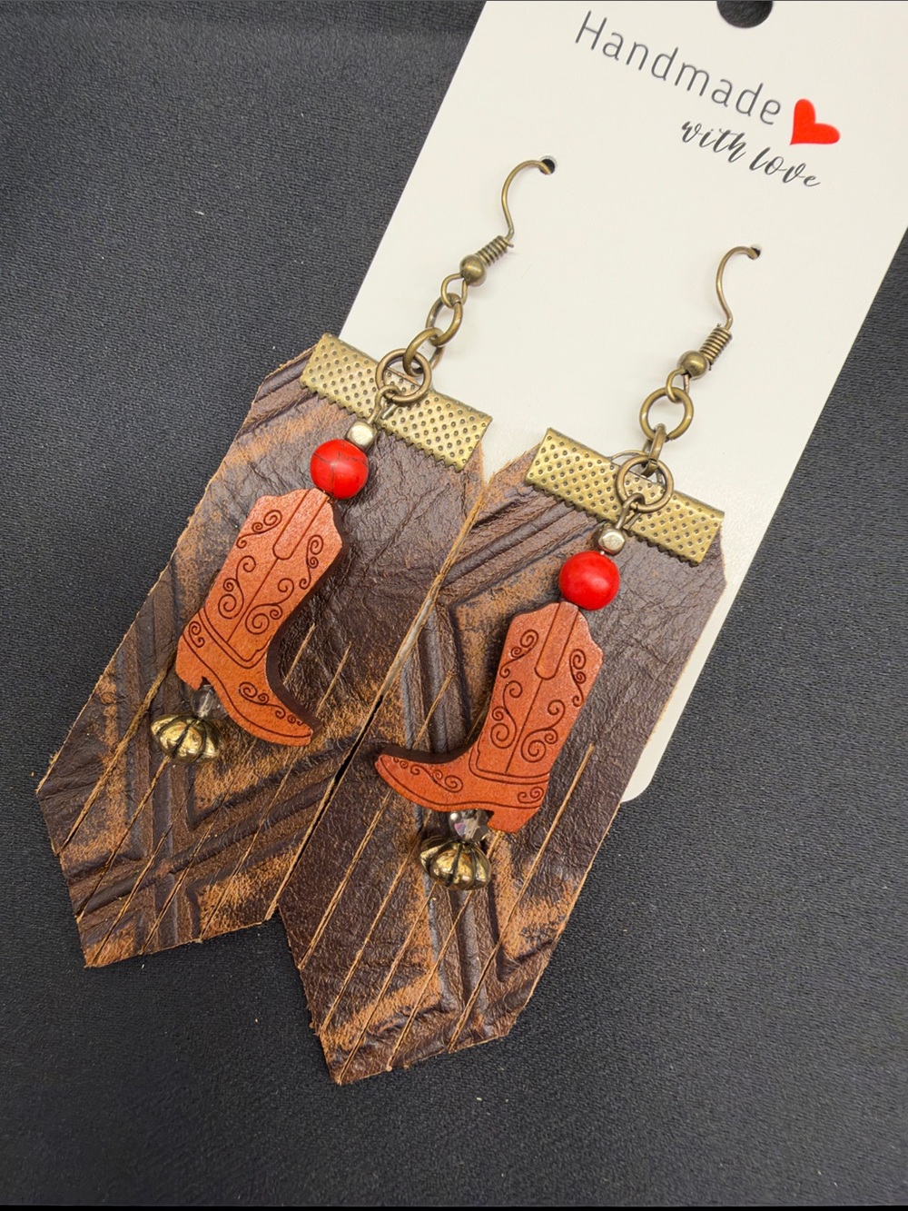 Handmade Brown Leather Cowboy Boot Dangle Earrings with Red Bead